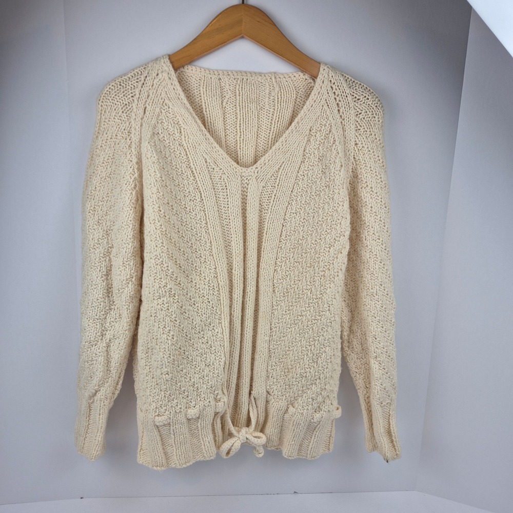 Handmade‎ Knit Sweater M Ivory Cable V Neck Drawstring Hem VTG Y2K Cottagecore